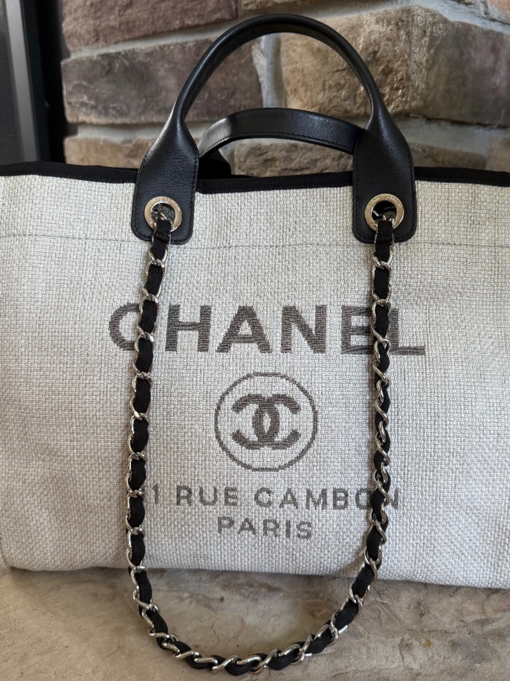 CHANEL Deauville Chain Tote Bag Straw Leather Grey/Black Medium